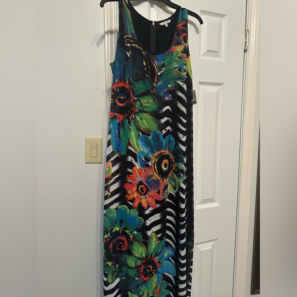 John Mark Black Maxi Dress with Green, Blue & Orange Floral Print